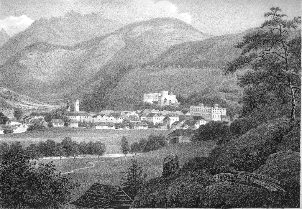 Gezeichnete Ansicht von Gmünd nach Norden hin. Im Vordergrund Wiesen, ein Weg, Bäume und ein wenig der Lieser und dahinter der Malta mit Brücke. Dahinter die Stadt mit Stadtturm, Kirche, Burg und Schloß.