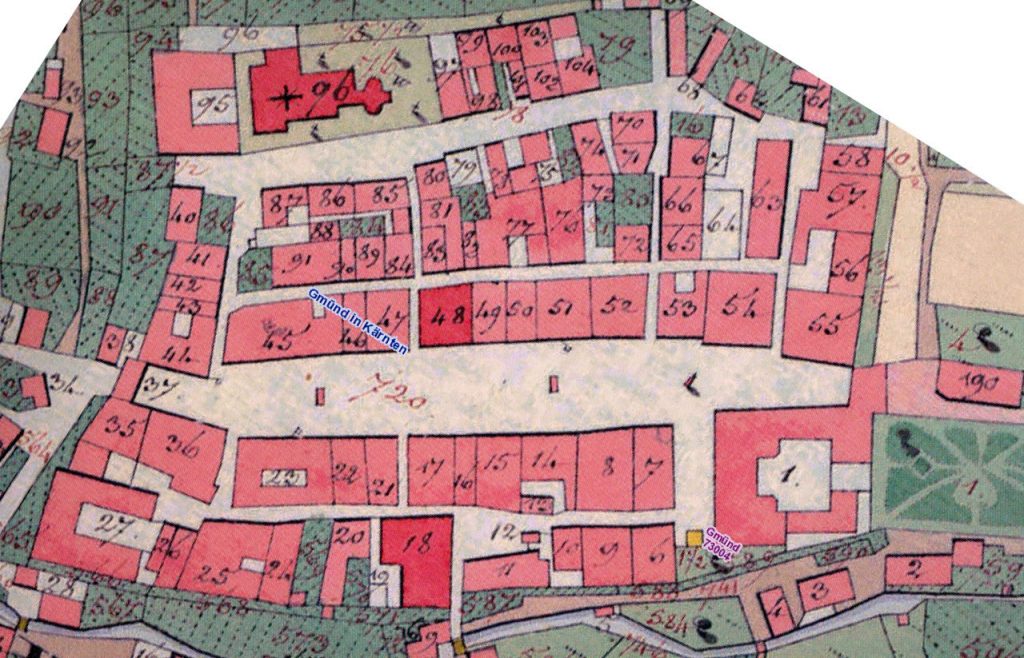 Franziszeischer Kataster des Gmündner Haupplatzes mit Gebäuden, Gebäudenummer und Parzellen