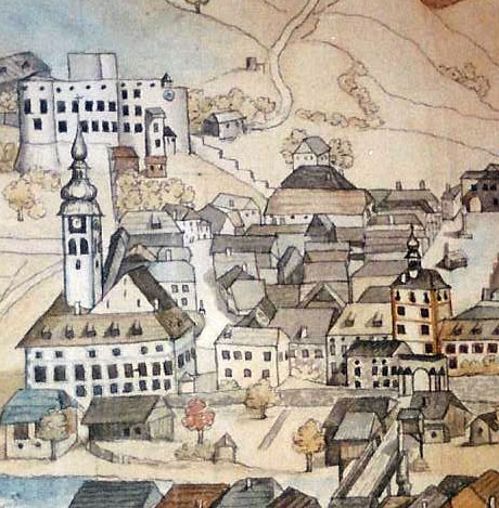 Farbige Stiftzeichnung von Gmünd mit Kirche, Stadtturm, Maltabrücke und Burg. Gut sichtbar ist die Kirchgasse mit Brunnen.