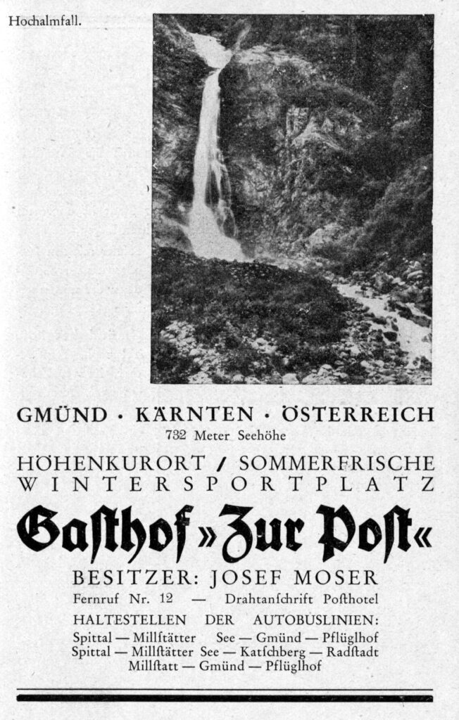 Werbung für den Gasthof zur Post in Gmünd mit Bild des Hochalmfalls.